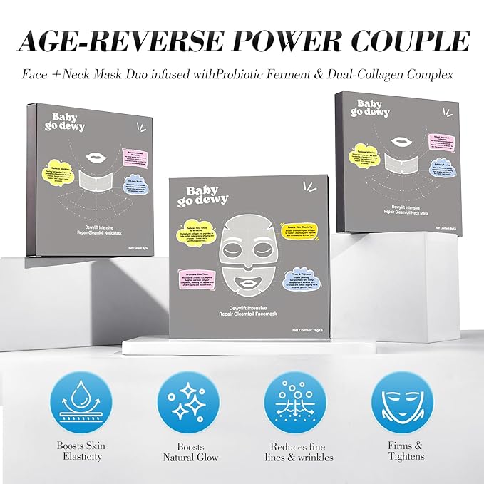 Bio-Collagen‑Peptide Face Mask Sheets – Gleam Foil Intensive Overnight Hydrate Face & Neck Masks for Moisturizing, Firming & Lifting Care – 8 Count(4 Face Masks + 4 Neck Masks)