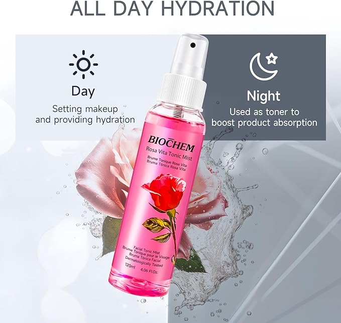 BIOCHEM Rosa Vita Tonic Mist – 3-in-1 Rose Water Toner, Face Mist & Makeup Finishing Spray with Rose Oil & Vitamins B | Hydrating & pH Balancing Mist for All Skin Types (4.05 fl oz / 120 mL)