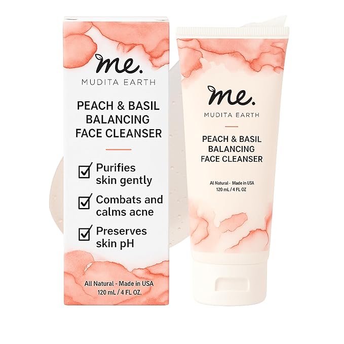 Mudita Earth Vitamin C Cleanser – 4 fl oz | Peach & Basil Balancing Face Wash | Gentle Sulfate-Free Cleanser for Sensitive, Oily & Acne-Prone Skin, Lactic Acid Polish