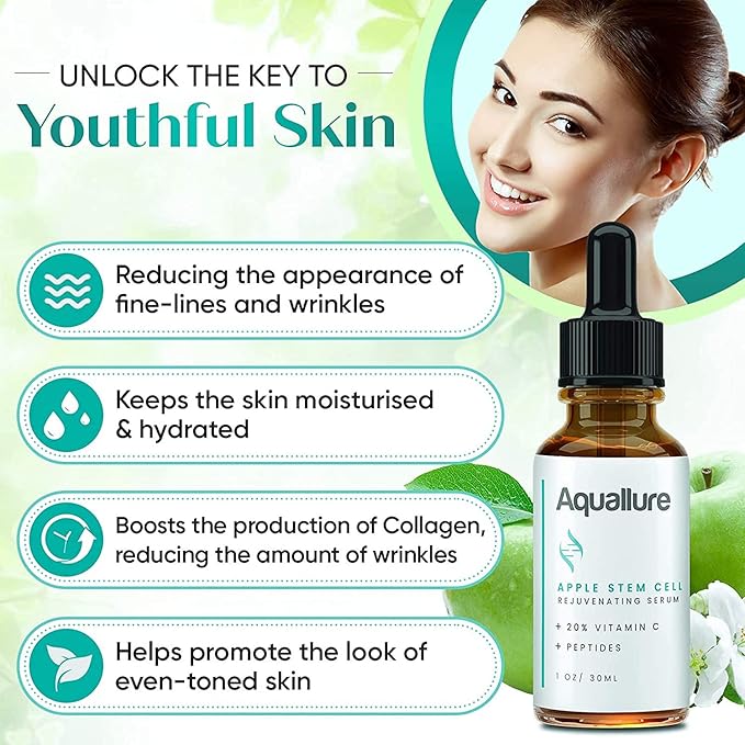 Anti-Aging Skin Care - Aquallure Apple Stem Cell Rejuvenating Serum - Anti Wrinkle Cream - Reduce Fine Lines & Wrinkles - with Peptides & Hyaluronic Acid (Bundle) (1 oz Each) (2 items)