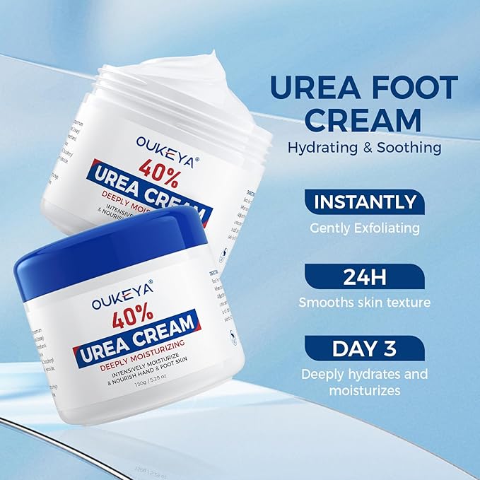 OUKEYA Urea Cream,NEW FORMULA Urea Cream 40 percent for Feet Maximum Strength,Dry Cracked Treatment Lotion for Knees & Elbows,Foot Dead Skin Cuticle Callus Remover Toenail Softener,5.29 oz(2 Packs