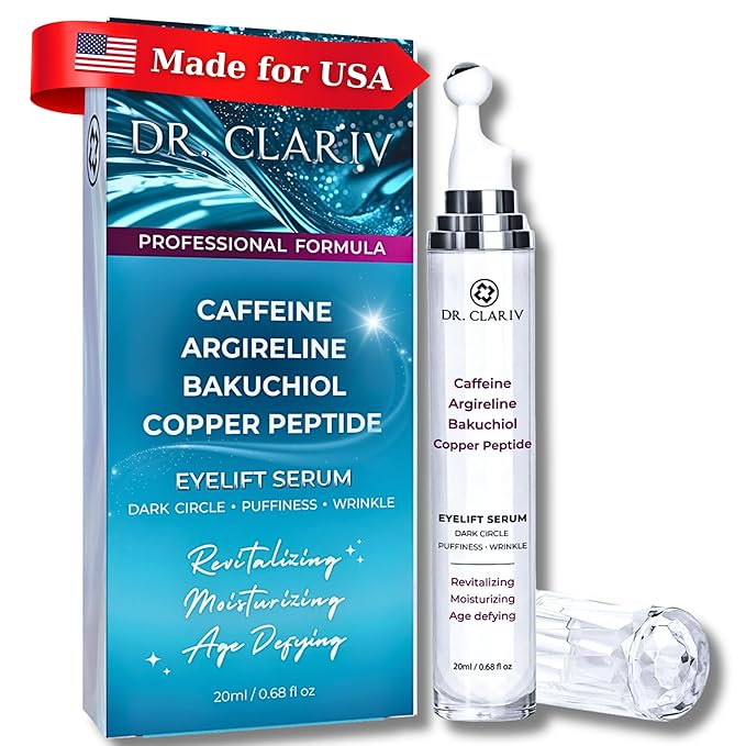 Caffeine + Bakuchiol Eye Serum for Dark Circles, Puffiness Eyes with Argireline & Copper Peptides (GHK-Cu) – Roll-on Under Eye Serum, Anti-Aging Wrinkle Care for Fine Lines– 20ml