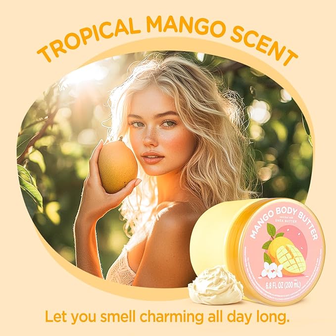 Mango Body Butter, Mango Shea Butter, Natural Body Butter for Men Women Smell Good, Body Moisturizer for Dry Skin 6.8 floz