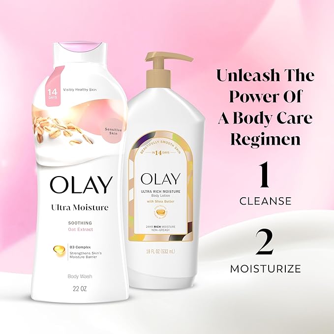 Olay Body Wash for Women, Ultra Moisture, For Sensitive Skin, Soothing Formula, 24hr Moisturizing, Hydrating & Refreshing, B3 Vitamin Complex, Free of Parabens & Phthalates, Oat Extract Scent,22 fl oz
