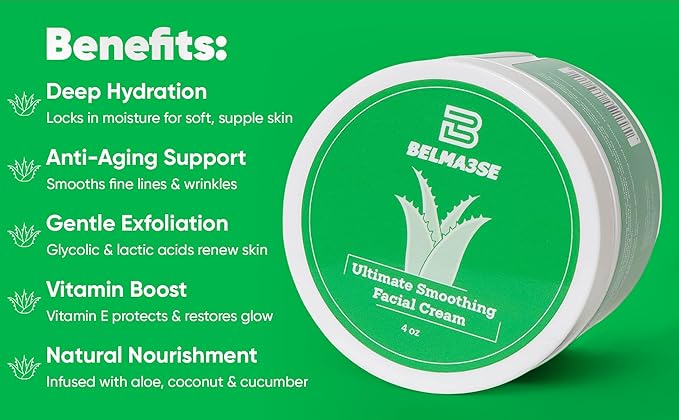 Ultimate Smoothing Facial Cream – Hydrating Anti-Aging Moisturizer with Aloe Vera, Coconut Oil, Cucumber Extracts, Glycolic & Lactic Acid & Vitamin E – Nourishing & Exfoliating Face Cream