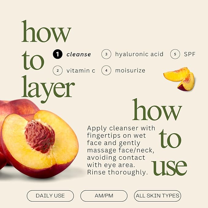 Mudita Earth Vitamin C Cleanser – 4 fl oz | Peach & Basil Balancing Face Wash | Gentle Sulfate-Free Cleanser for Sensitive, Oily & Acne-Prone Skin, Lactic Acid Polish