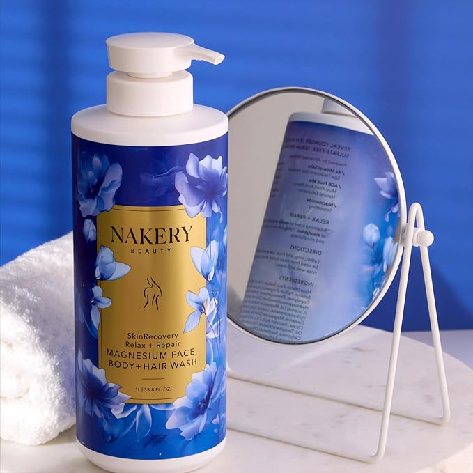 Nakery SkinRecovery Relax + Repair Magnesium Body Wash, Face Wash and Facial Cleanser with Dead Sea Salt, Epsom Salt, Magnesium Gel, Serum Infused Formula, Hydrates and Soothes, 1 Liter, Made in USA
