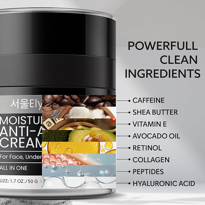 Korean 6 in 1 Face Cream for Men: Anti-Aging Skin Care Facial Moisturizer for Wrinkles Under Eye Bags Dark Circles Puffiness & Firming with Retinol Collagen Peptides Caffeine & Hyaluronic Acid, 1.7 oz