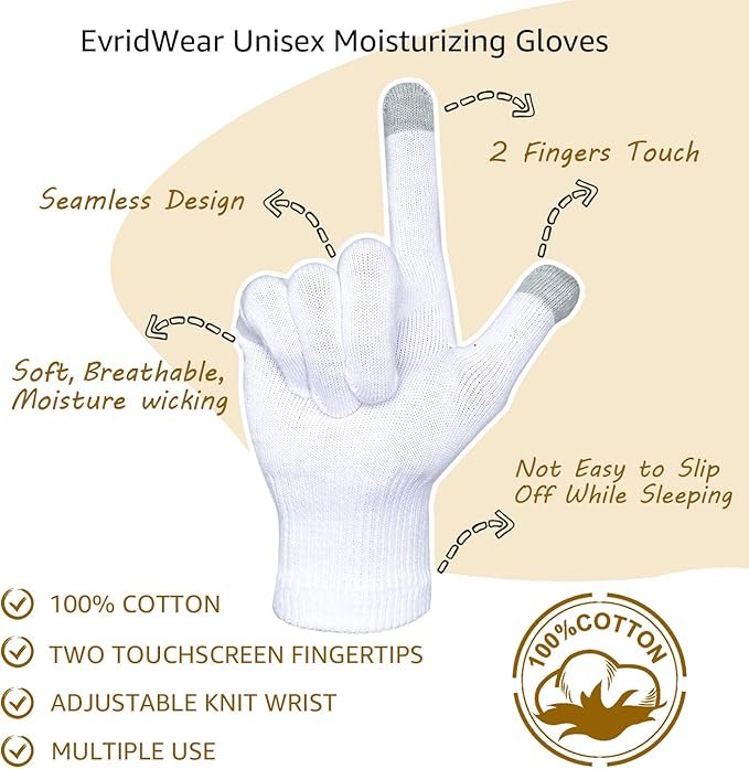 Evridwear Unisex Moisturizing Cotton Gloves with Touchscreen Fingertips for Eczema Beauty Cosmetic Dry Hands Sensitive Irritated Skin Therapy Overnight Bedtime, 6 Pairs, Lightweight-White, L/XL