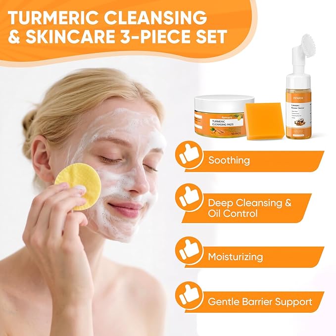 Turmeric Cleansing Pads 50 Pcs+Tumeric Soap Bar+Tumeric Face Wash with Brush, Turmeric Pads for Face and Body,Lemon Turmeric Soap for Wash, Daily Gentle Skin Cleanser Set for All Skins