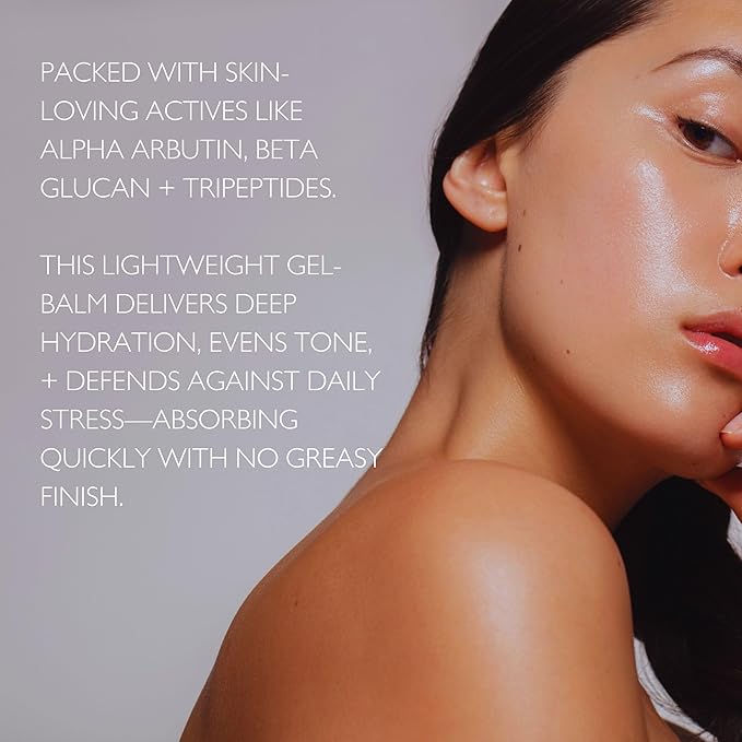JustUs Skincare, Deep Hydration Gel Balm - Lightweight Daily Moisturizer for Face, primer + hydration, plumps, smooths + evens skin, with Alpha Arbutin, Tripeptides, Beta Glucan + Plum – 50ml / 1.67oz