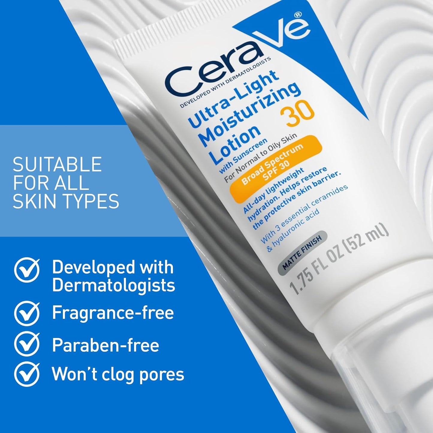 Oil-Free Moisturizing Face Lotion SPF 30 – Hyaluronic Acid & Ceramides, Matte Finish, 1.7 oz