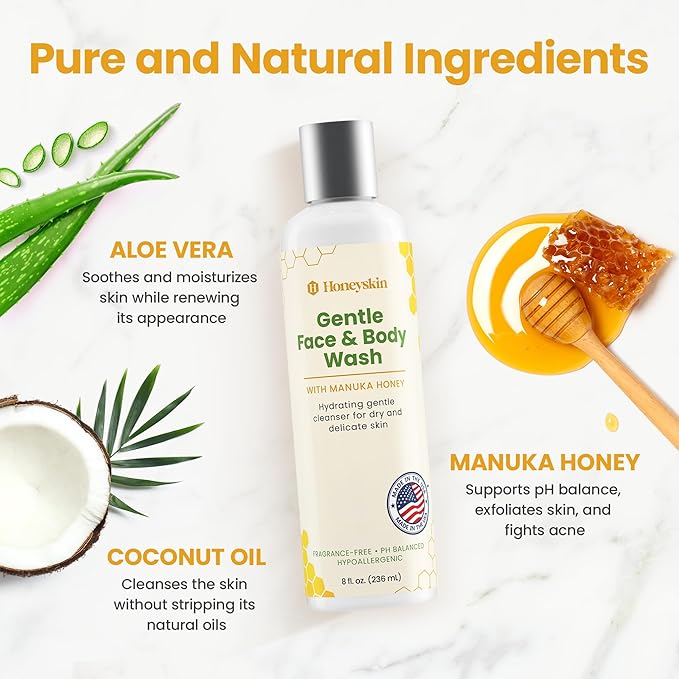 Honeyskin Face and Body Wash for Women and Men - Acne Body Wash Moisturizing for Sensitive Skin - Hydrating Facial Cleanser - Gentle Exfoliation – Sulfate-Free (8oz)