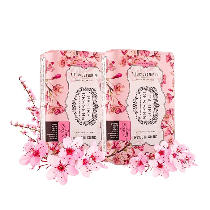 Panier des Sens Cherry Blossom Shea butter natural bar soap, bath & body soap bars - Made in France 95% natural - 2 bars, 7oz/200g each