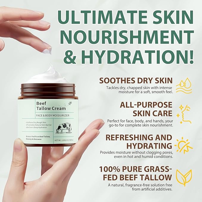 Beef Tallow for Skin – Whipped Tallow and Honey Balm with Grass-Fed Beef Tallow – Organic Daily Tallow Face Moisturizer & Body Balm – Deep Nourishment for Sensitive Skin - 4.2 Oz