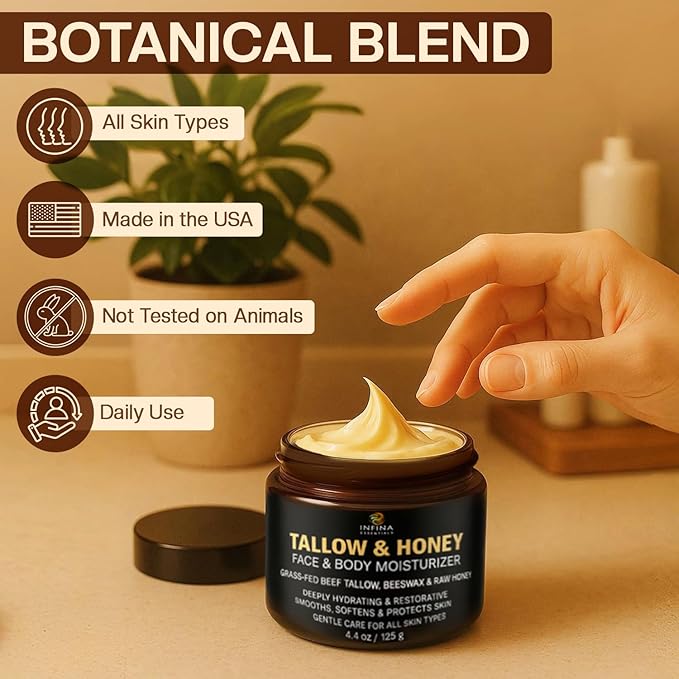Beef Tallow for Skin with Honey - Grass Fed Beef Tallow for Face Wrinkles - Hydrating Cream Face and Body Moisturizer with Raw Honey and Olive Oil for Dry Skin, Hands, Feet - 4.4 oz