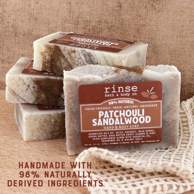 Rinse Bath & Body Patchouli and Sandalwood Soap - Handmade Castile Patchouli Soap w/Essential Oils | Moisturizing & Cleansing | Shea & Cocoa Butter with Sweet Almond Oil | Natural | Vegan | 4.25oz