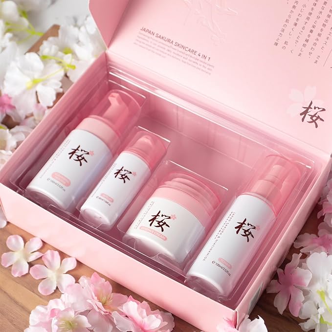 Sakura Skin Care Sets for Women & Teens, Brilliant Skin Rejuvenating Set, Cherry Blossom Skincare Kits with Cleanser, Toner, Serum, Cream, Hydrating Travel Size Facial Kit Hydrating Gifts Sets (4PCS)