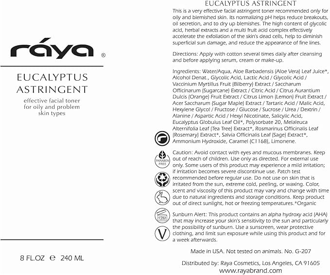 RAYA Eucalyptus Astringent with AHA 16 oz (G-207) | Exfoliating Glycolic Facial Toner for Oily and Break-Out Skin | Helps Balance pH and Dry Up Blemishes | Made with Alpha Hydroxy Acids