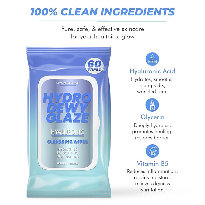 Hyaluronic Acid Facial Wipes - Dermatologist Tested, Anti-Aging, Korean Skin Care, Hydrates & Plumps Dry Skin, Improves Texture & Firmness - Gentle, Vegan, 95% Natural - 1 Pack