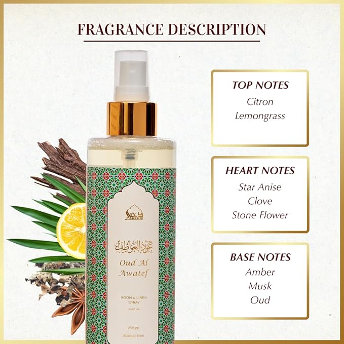 Oud al Awatef Arabic Room Spray by Dukhni | 250ml Oud fragrance Air Freshener, Attar al Faraash for home & prayer mats | Bed linen, Sofa Mist, natural home scent, curtain spray, odour eliminator
