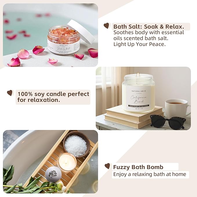Natural Amor Spa Gift Set for Women – Handmade Lavender Soap, Rose Clay Mask, Candle, Rose Bath Salt & Sleep Mask – Relaxing Self Care Kit, Birthday Gift Box for Her