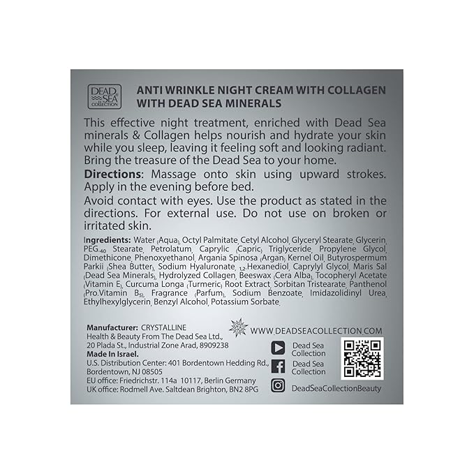 Dead Sea Collection Moisturising Night Face Cream with 3X Collagen – Anti Aging Nourishing Facial Moisturiser with Dead Sea Minerals and Vitamin E for Women and Men – All Skin Types (50 ml)