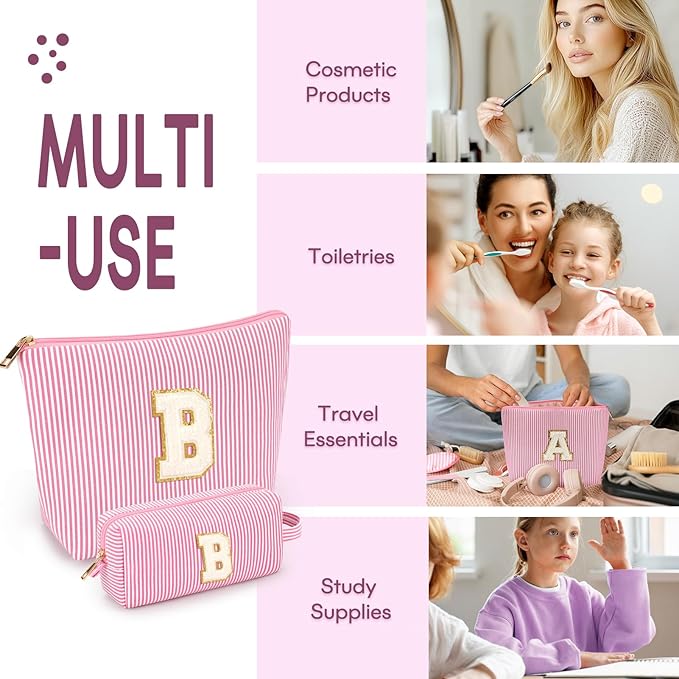 2 PCS Initial Makeup Bags for Women: Cosmetic Bag for Travel Toiletry - Birthday Gifts for 11 12 13 14 15 16 17 18 Years Old Girl Graduation Teacher Gift- Teen Girl Gifts Trendy Stuff - Pink B
