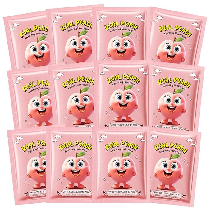 Kaely 12 Pack Peach Face Masks for Kids, Kids Face Mask Spa Day Kit Supplies, Spa Party Favors for Teens Girls Women, Sheet Facial Mask Skincare Gifts Set, Moisturize Soothe for All Skin Types, 08