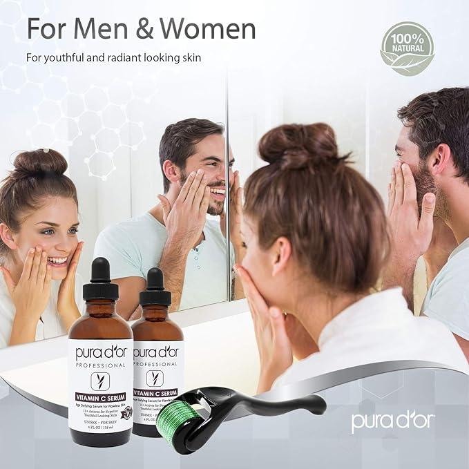 PURA D'OR 25% Vitamin C Serum 4 Oz + 0.25mm Derma Roller Set - Hyaluronic Acid & Retinol Microdermabrasion Skin Care Cosmetic Kit For Face & Eyes, Dark Spots - For Men & Women