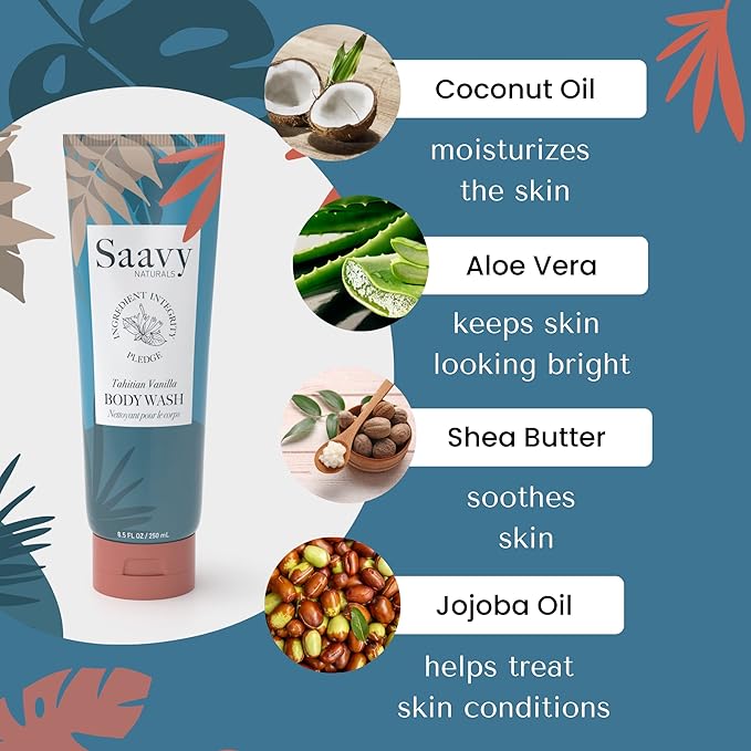 Saavy Naturals Body Wash Tahitian Vanilla Plant-Based Ingredients| Made In USA | Sensitive Skin Body Wash, l Organic & Vegan Formula With Coconut Oil, Shea Butter, And Aloe Vera - 8.5 Fl Oz, 2 Pack