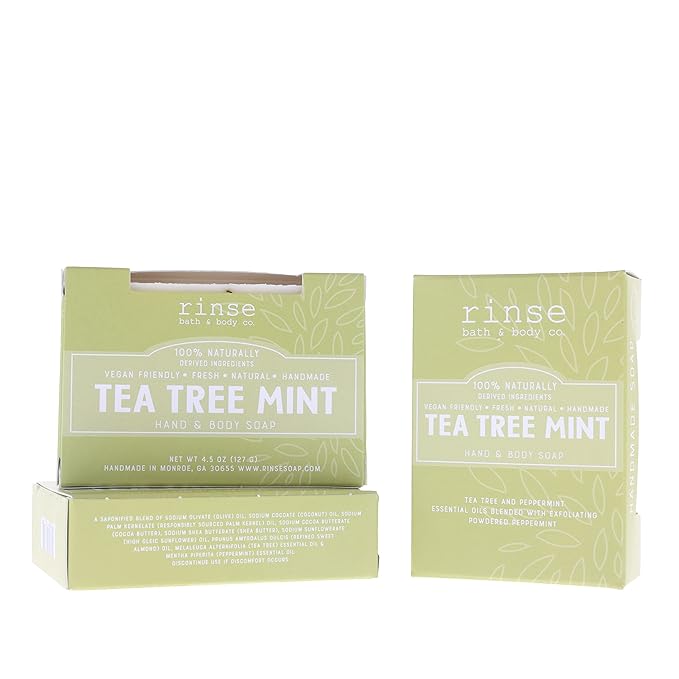 Rinse Bath & Body Peppermint & Tea Tree Oil Soap Bar - Handmade Castile Bar Soap | Naturally Moisturizing & Cleansing | Acne, Poison Ivy | Shea & Cocoa Butter | Essential Oils | Vegan Friendly| 4.25oz
