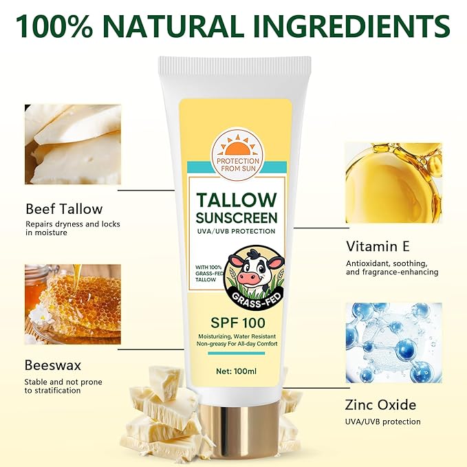 Beef Tallow Sunscreen, Sunscreen for Face, Natural Reef Safe Body Beef Tallow Sunblock, Non Greasy Clean Travel Sun Screen Sunblock, 100ML