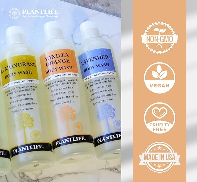 Plantlife Vanilla Orange Body Wash - GMO and Gluten Free Gentle and Moisturizing Body Wash That Contains Only Ingredients Straight from Nature - Manufactured in the USA 14 oz