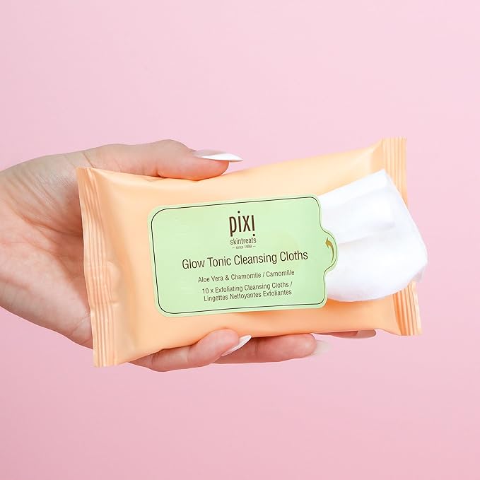 Pixi Beauty Glow Tonic Cleansing Cloths | Cleansing, Exfoliating, and Hydrating Disposable Face Towelettes | 3 Packs of 10 Face Wipes (30 Wipes Total)