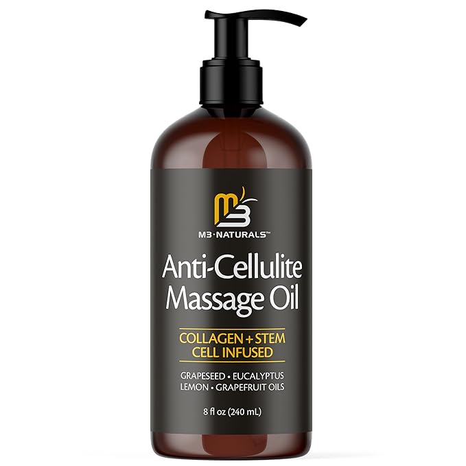 Anti Cellulite Massage Oil and Silicone Body Brush – Collagen and Stem Cell Skin Tightening Formula for Smoothing and Firming, 8 fl oz by M3 Naturals