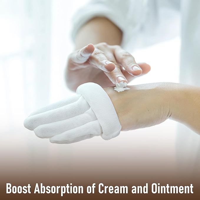 COOLJOB 4 Pairs Soft Moisturizing Cotton Gloves Set with Stretch Elastic Cuff, Overnight Lotion Sleeping Gloves for Dry Hands, Eczema Skin, Beauty Women SPA Essentials, Small, White