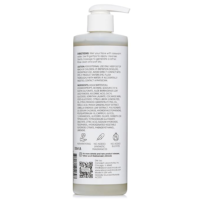 Advanced Clinicals Gentle Vitamin C Face Wash For Women & Men | Citrus Scented Gel Facial Cleanser Soap | Aloe Vera + Ferulic Acid Hydrating Foaming Wash For Cleansing Dirt & Oil, 11.75 Fl Oz, 2PC