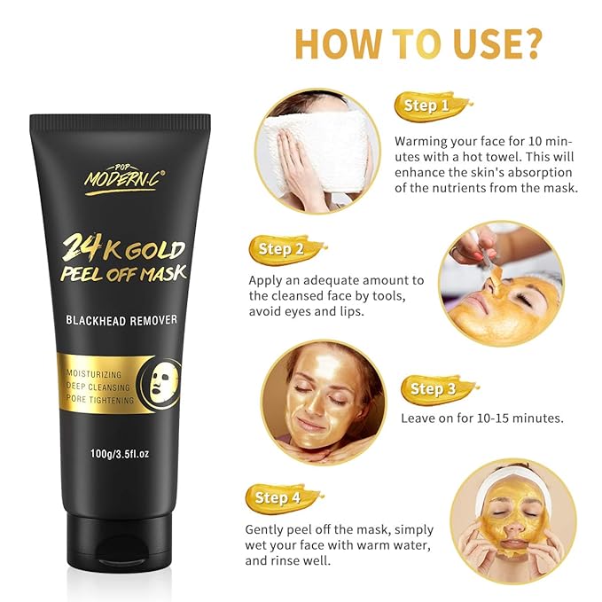 Blackhead Remover Mask, 24K Gold Peel Off Mask, Gold Facial Mask Anti-Aging, Deep Cleansing, Reduces Fine Lines& Wrinkles Great for All Skin, With Blackhead Remover Extractor Tools Kit & Mask Brush