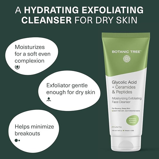 Botanic Tree Hydrating Glycolic Acid Cleanser - Exfoliating Face Wash - Face Cleanser for Women - Also with Ceramides & Peptides, Gently - for Dewy Bouncy Skin - 6oz