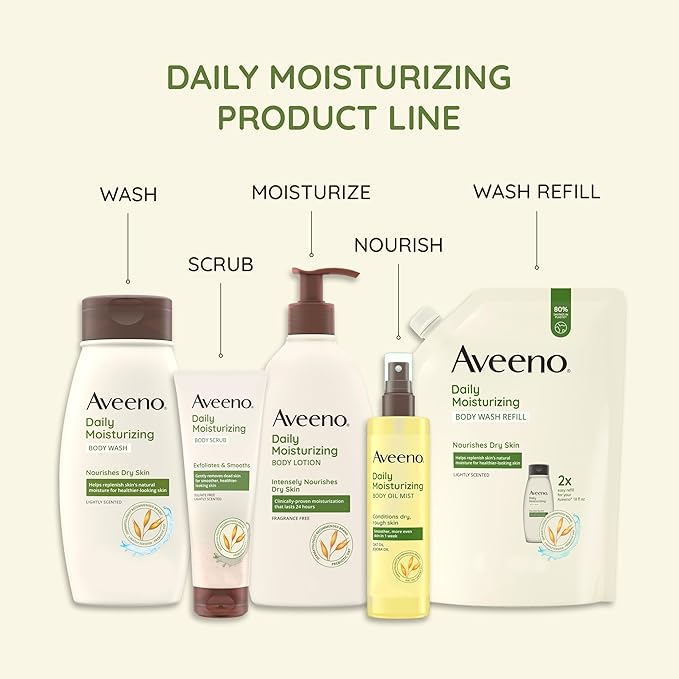Aveeno Daily Moisturizing Dry Body Oil Mist with Oat & Jojoba Oil for Dry, Rough, Sensitive Skin, Lightweight, Non-Greasy, Body Spray, Paraben, Silicone & Phthalate-Free, 6.7 fl oz