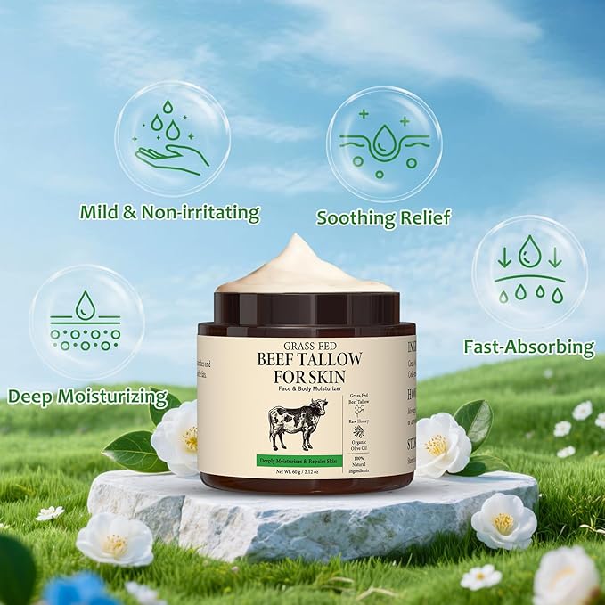 Beef Tallow for Skin, 100% Organic Grass-Fed Whipped Beef Tallow & Honey Balm, Deeply Moisturizing Face & Body Cream for All Skin Types, 2.12 OZ