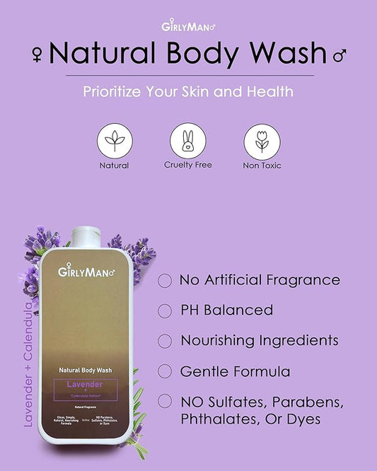 GirlyMan Natural Body Wash - Made with Olive Oil & Aloe Extract, No Artificial Fragrance, PH Balanced, Gentle Formula, Nourishing Ingredients, Family Owned (Lavender)