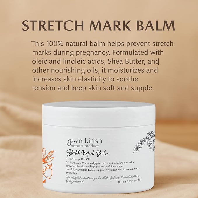 GEW’N KIRISH Natural Stretch Mark Balm – Pregnancy-Safe Moisturizer with Shea Butter, Orange Peel Oil & Jojoba | Non-Greasy, Petrolatum-Free, Whole Body Use, 8 oz
