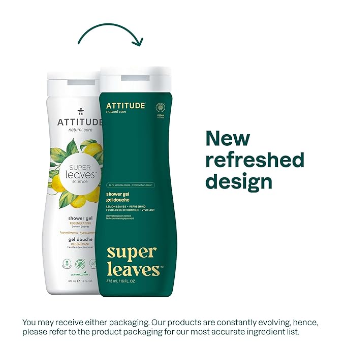 ATTITUDE Body Wash, EWG Verified Shower Gel, Dermatologically Tested, Plant and Mineral-Based, Vegan Personal Care Products, Lemon Leaves, 16 Fl Oz (Pack of 6)