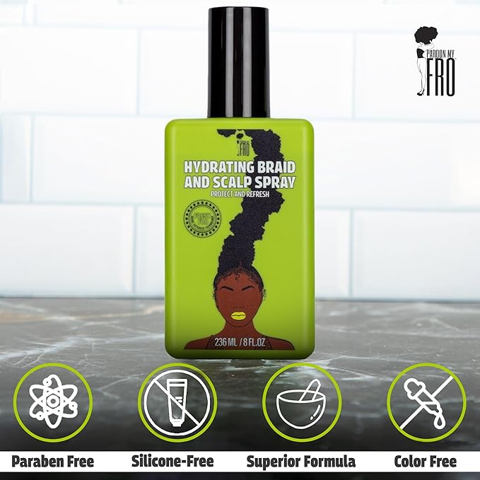 Pardon My Fro Braid & Scalp Hydrating Spray – Moisturizing Scalp Health Treatment for Dry, Itchy Scalp, Hair Hydration, Non-Oily Leave-In Spray for Women, Hyaluronic Acid Infused Hair Care Solution