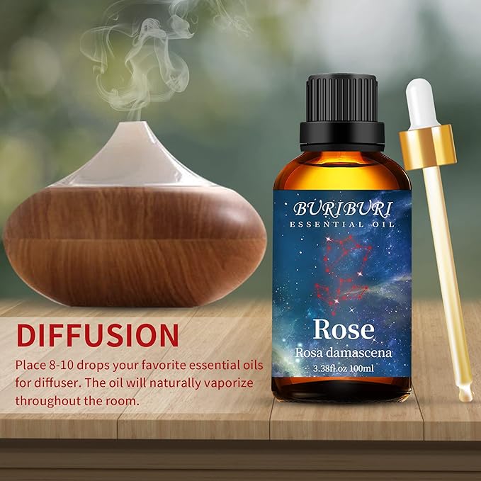 BURIBURI Rose Essential Oil 100ML Gifts Set 100% Pure Natural Undiluted Aromatherapy Rose Oil 3.38fl.oz for Soap, Candle Making, Massage, Diffuser, Humidifier