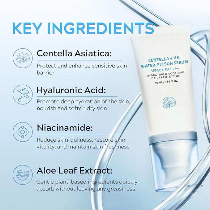 𝐶𝑒𝑛𝑡𝑒𝑙𝑙á Sunscreen SPF 50, Hyalu Cica Water-Fit Sun Serum, Face Sun Screen Long-Lasting Protection, Cen-tella Madagascar Sunscreen, NO White Cast - Dry Oily Korean Skincare (Blue 1)