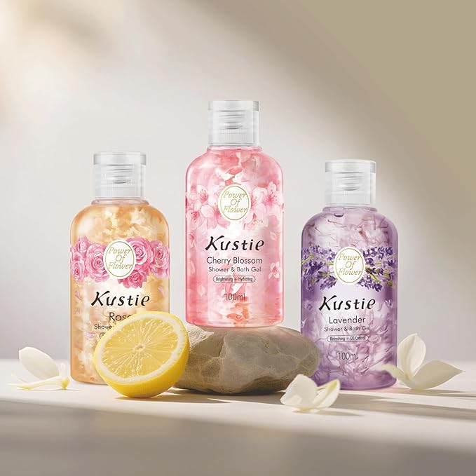 Kustie Cherry Blossom Travel Size Body Wash 100ml – Brightening & Hydrating Perfume Shower Gel with Niacinamide, Real Petals & 24H Floral Fragrance – TSA Approved for Travel, Trial & Gift Use