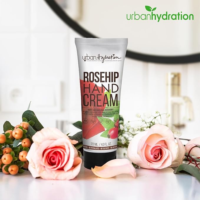 Urban Hydration Rosehip Hand Cream – With Coconut Oil & Vitamin E – Brightens Skin, Deeply Hydrates – Non-Greasy Formula – Ideal for Dry & Sensitive Skin – 4 FL Oz